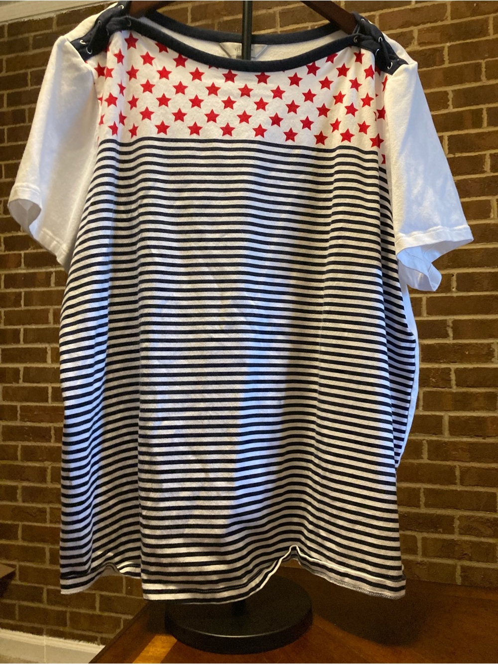 CJ Banks Navy & White Striped Tee with Red Star Yoke